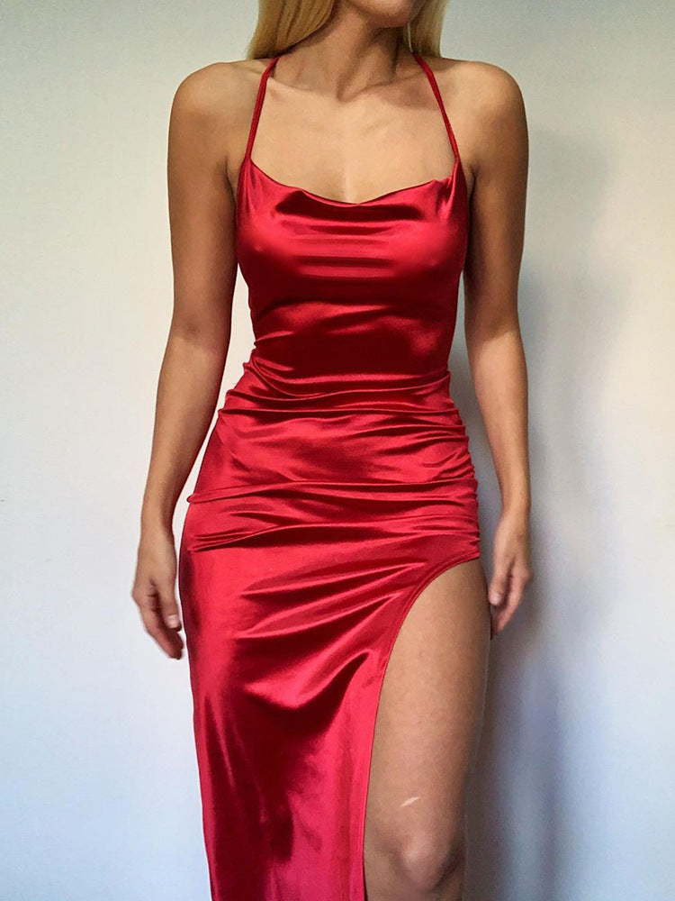 Women's Clothing Pure Color Halter Backless Thin Strap Hip Bag Dress - ANIBEY