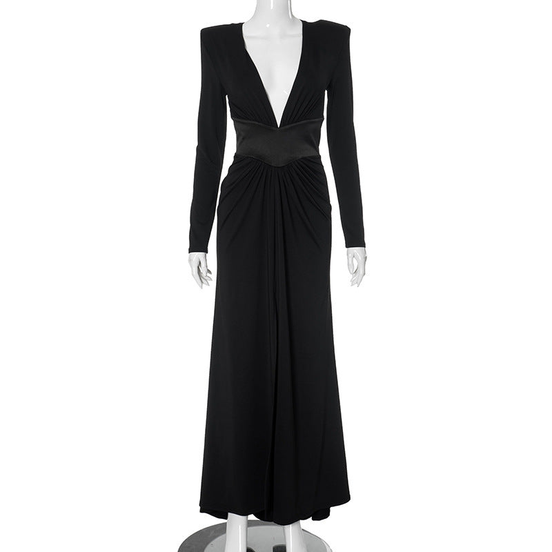Women's Deep V Long Sleeve High Slit Long Dress - ANIBEY