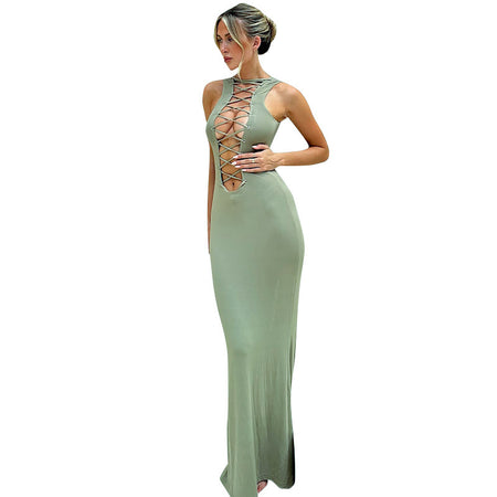 Women's Elegant Lace-up Cutout Slim Fit Dress - ANIBEY