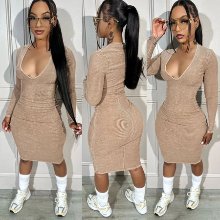 Women's Fashion Casual Sunken Stripe Threaded Long Sleeve V-neck Hip Skirt - ANIBEY