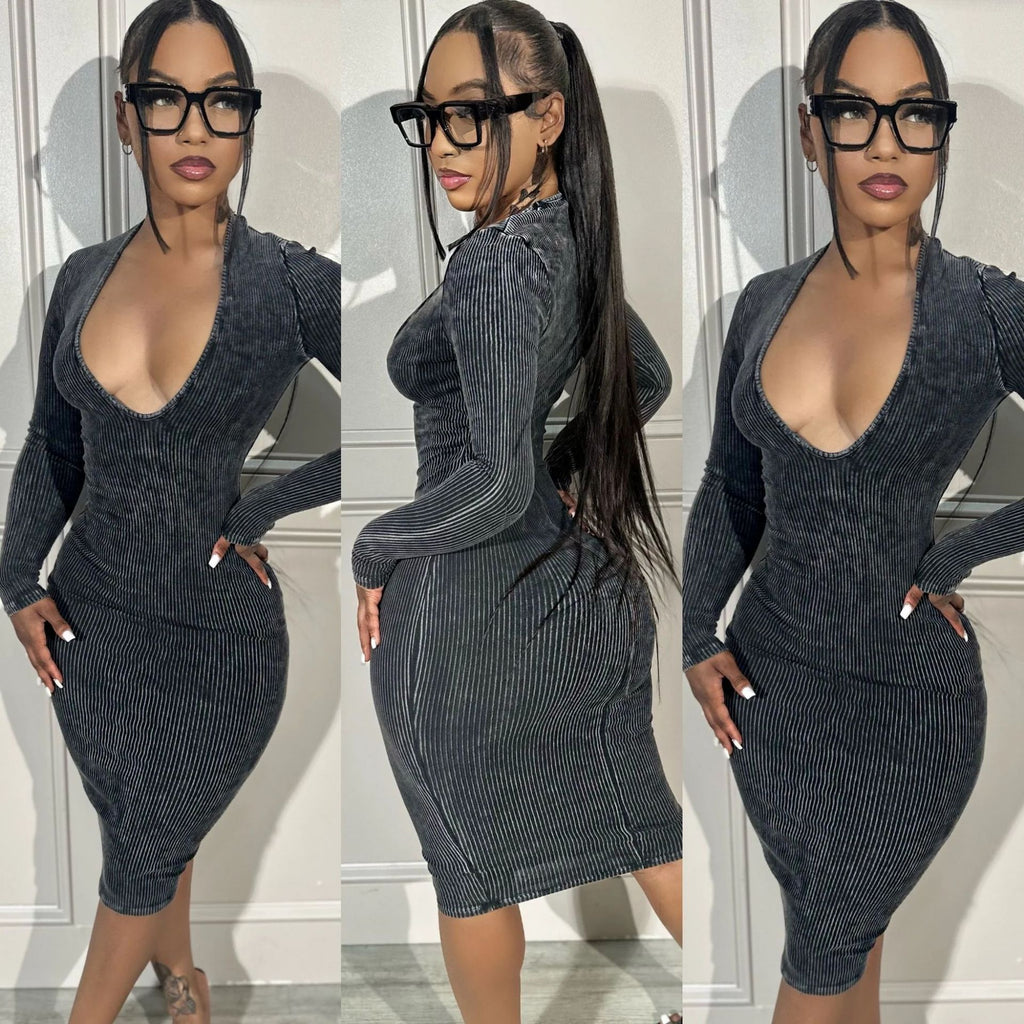 Women's Fashion Casual Sunken Stripe Threaded Long Sleeve V-neck Hip Skirt - ANIBEY