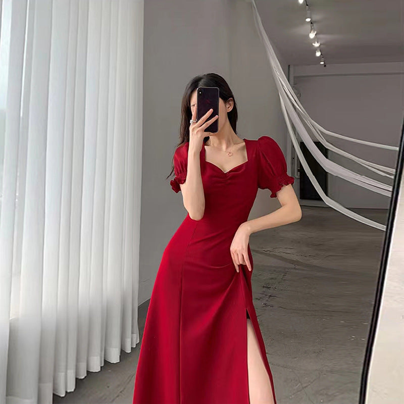 Women's Fashion Retro Square Collar Puff Sleeve Dress - ANIBEY