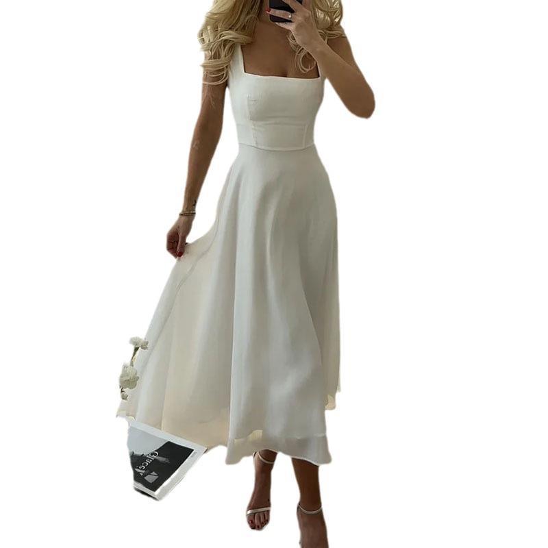 Women's Fashion Square Collar Sling Temperament Waist-controlled Dress - ANIBEY