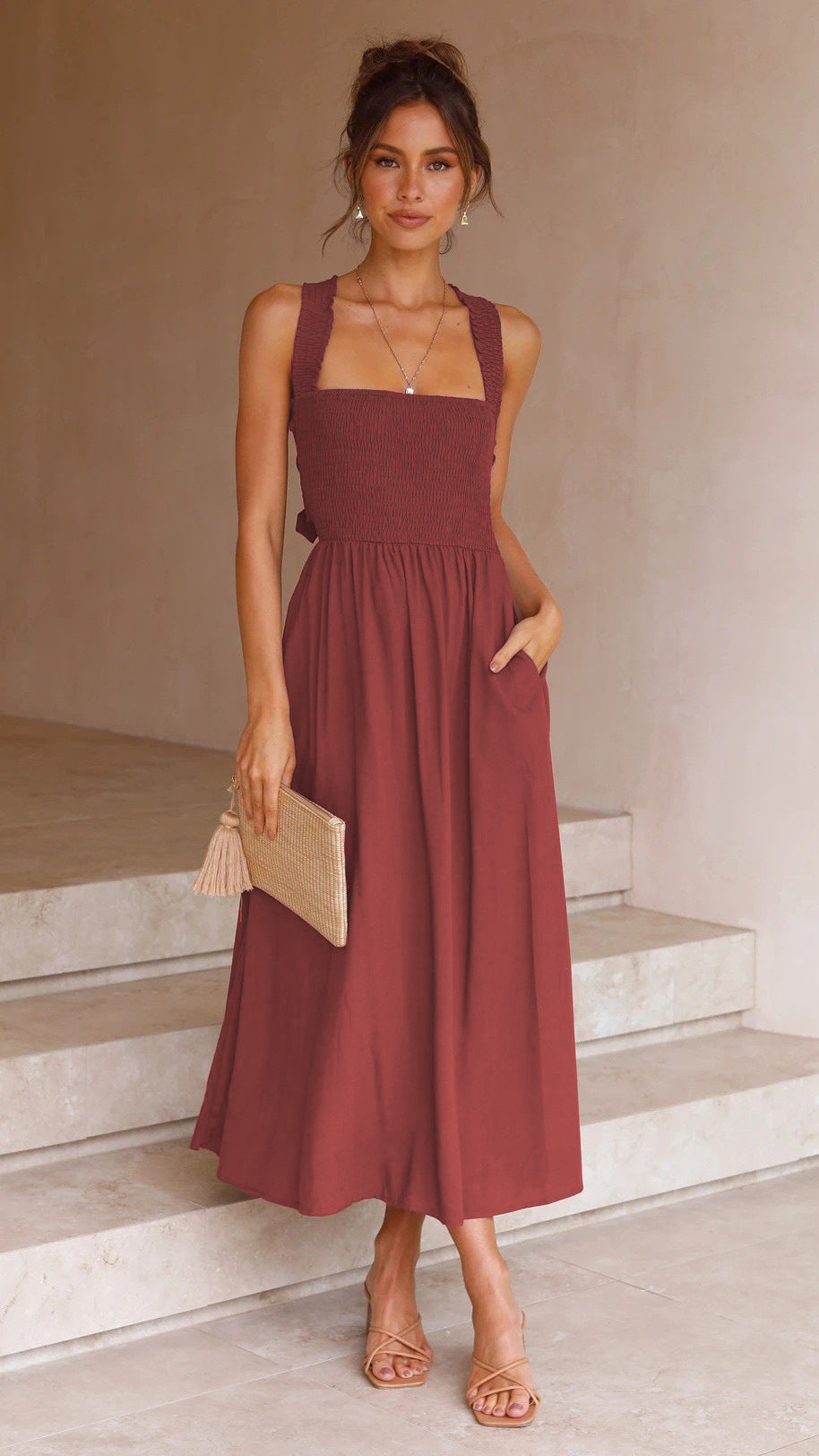 Women's Fashionable Elegant Cotton And Linen Off-neck Sling Dress - ANIBEY