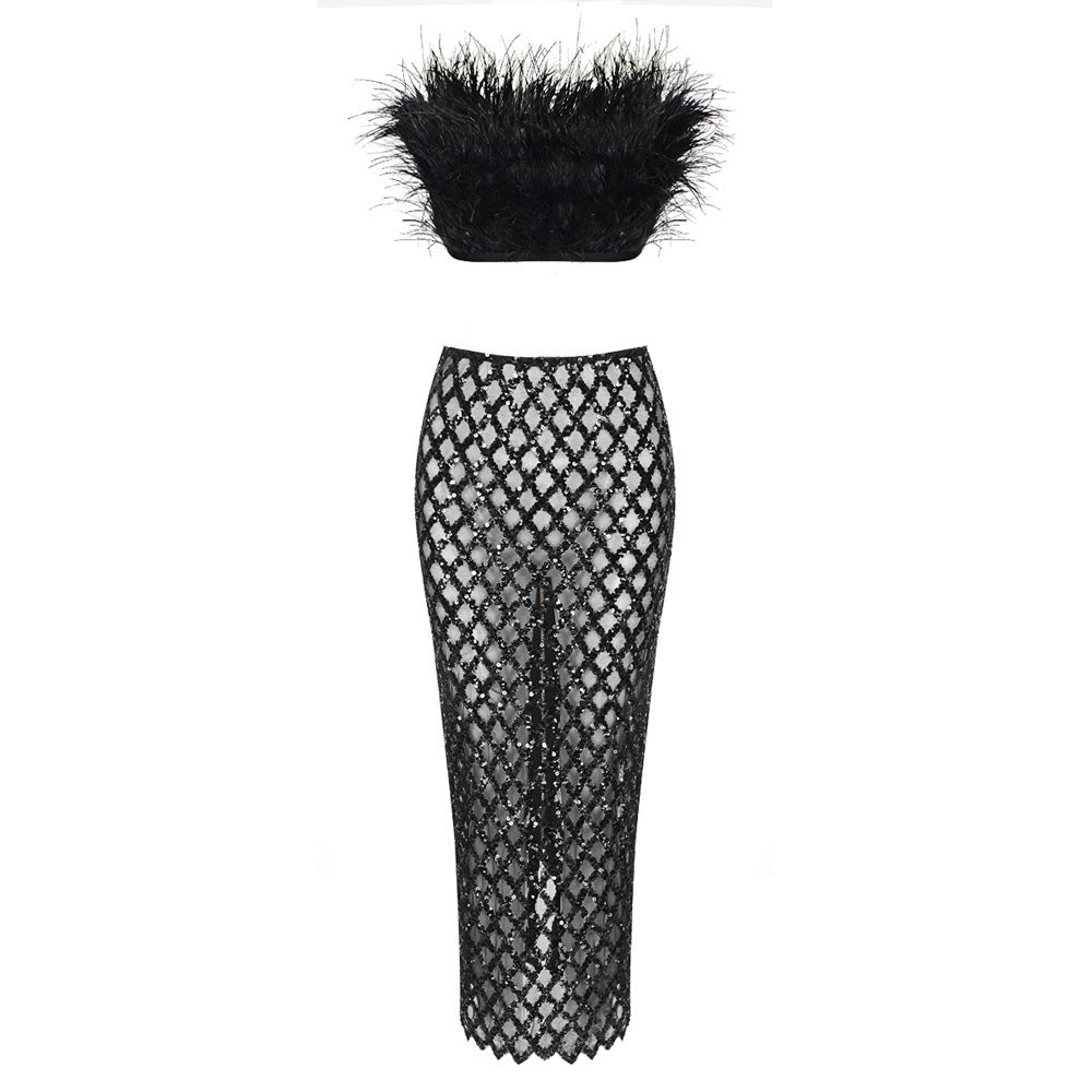 Women's Feather Top and Tight Skirt Co-ord Dress - ANIBEY