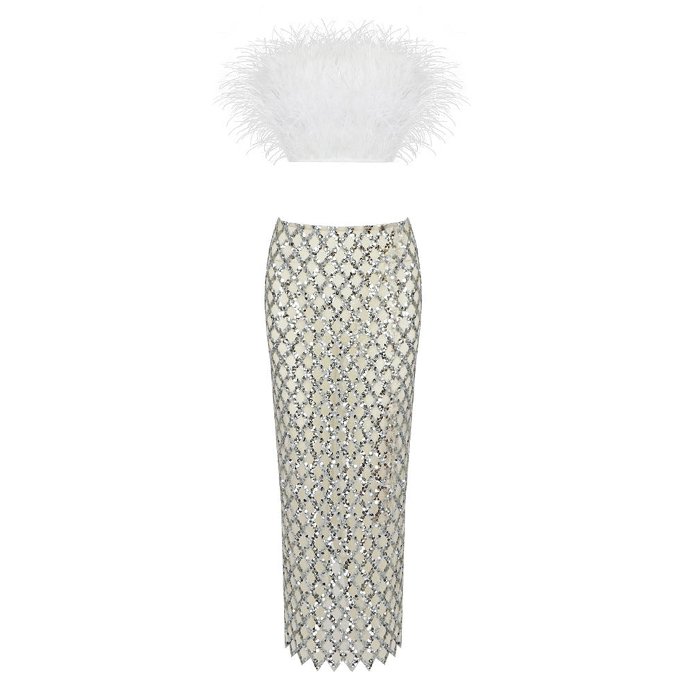 Women's Feather Top and Tight Skirt Co-ord Dress - ANIBEY