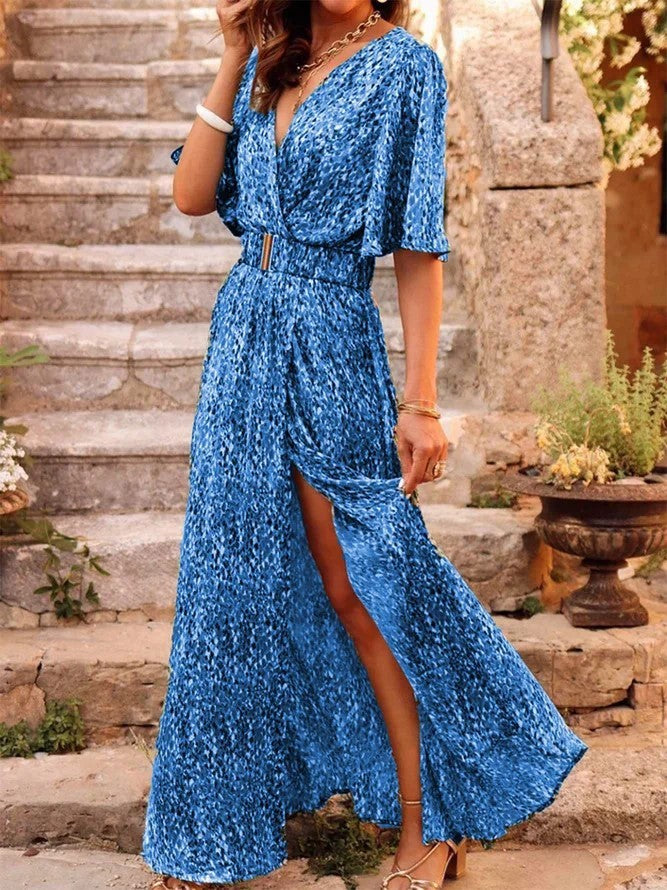 Women's Graceful And Fashionable Slimming Printed Cinched Mid-length Dress - ANIBEY