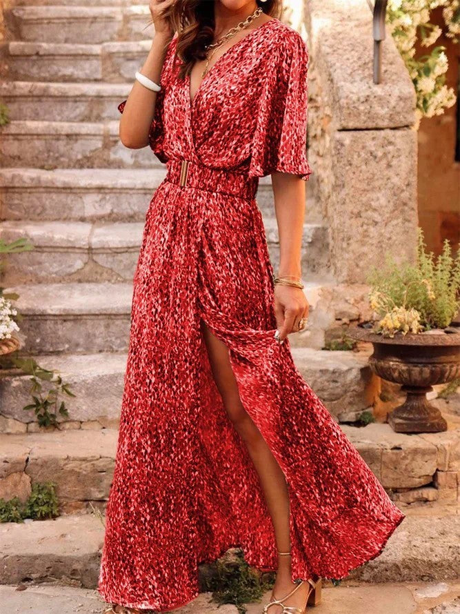 Women's Graceful And Fashionable Slimming Printed Cinched Mid-length Dress - ANIBEY