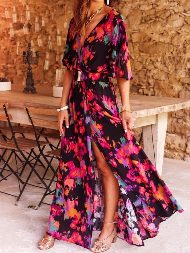 Women's Graceful And Fashionable Slimming Printed Cinched Mid-length Dress - ANIBEY
