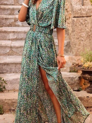 Women's Graceful And Fashionable Slimming Printed Cinched Mid-length Dress - ANIBEY