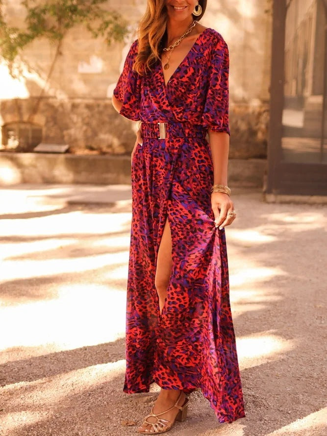 Women's Graceful And Fashionable Slimming Printed Cinched Mid-length Dress - ANIBEY