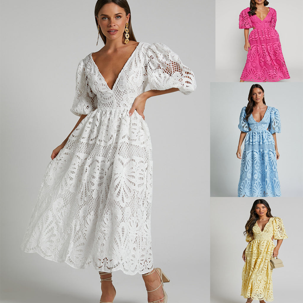 Women's Hollow Out V-neck Lace Embroidery Dress - ANIBEY