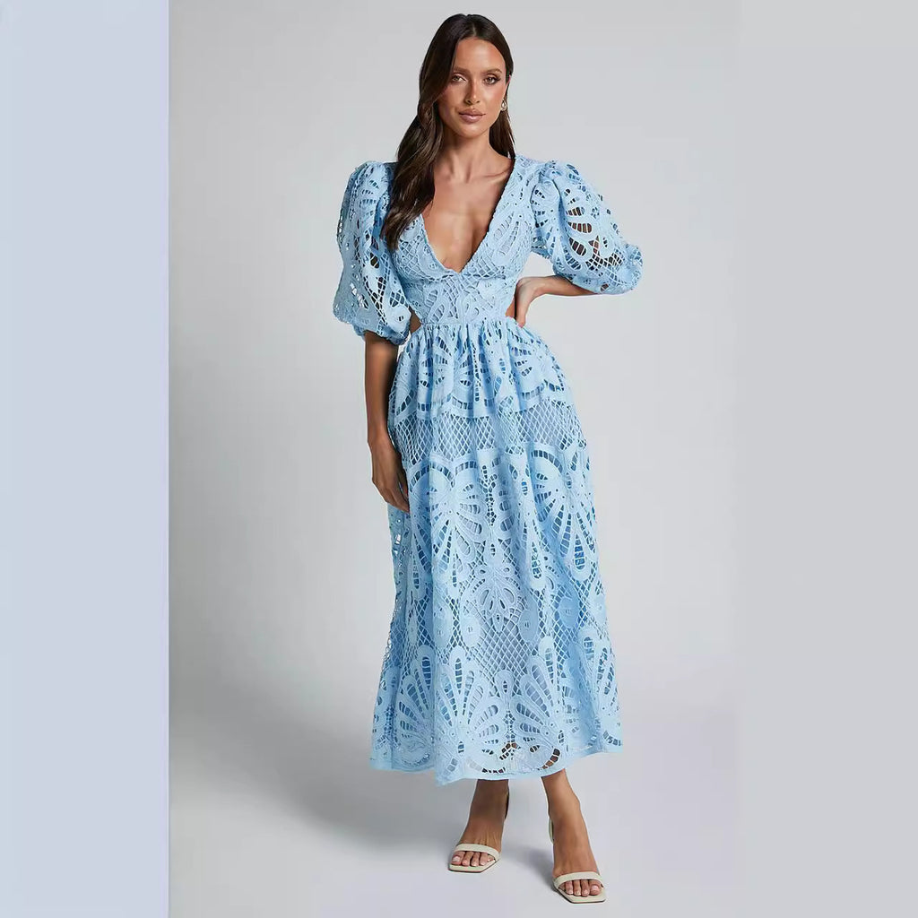Women's Hollow Out V-neck Lace Embroidery Dress - ANIBEY
