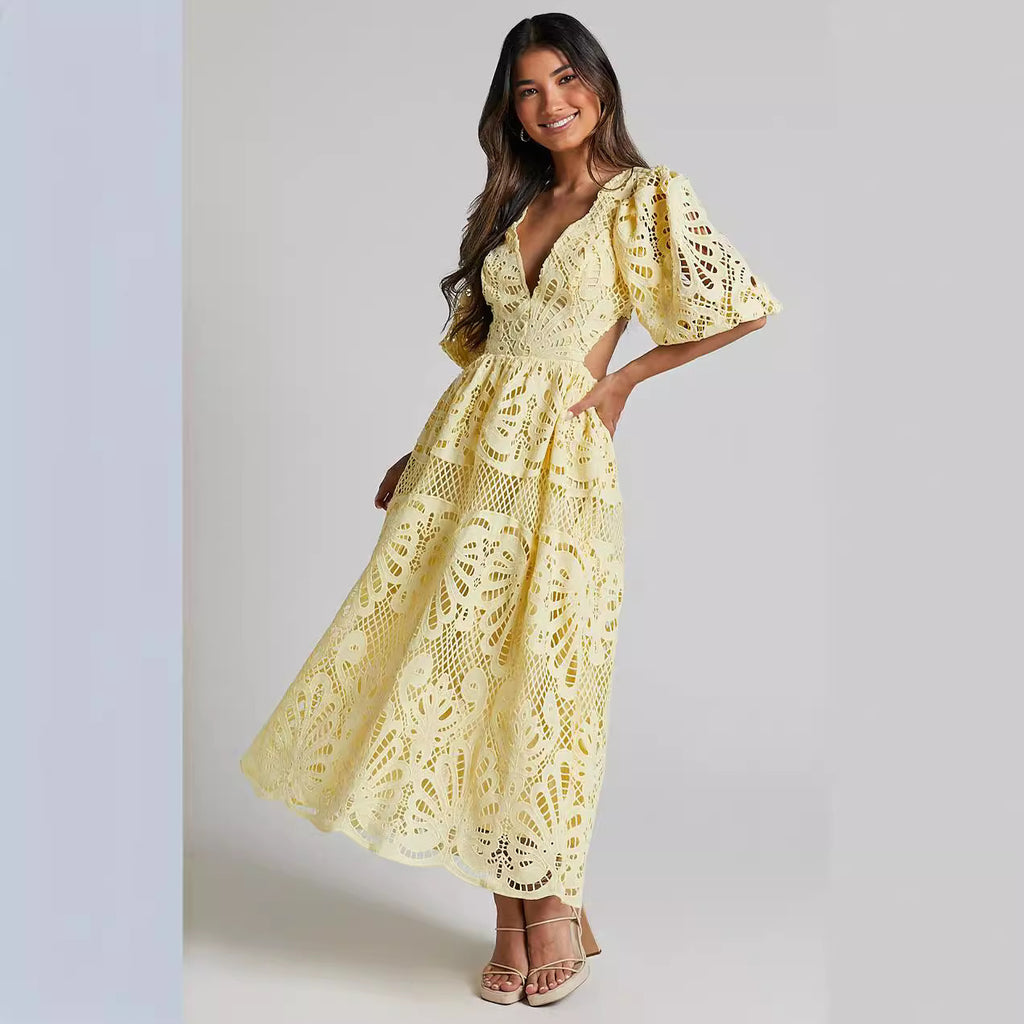 Women's Hollow Out V-neck Lace Embroidery Dress - ANIBEY