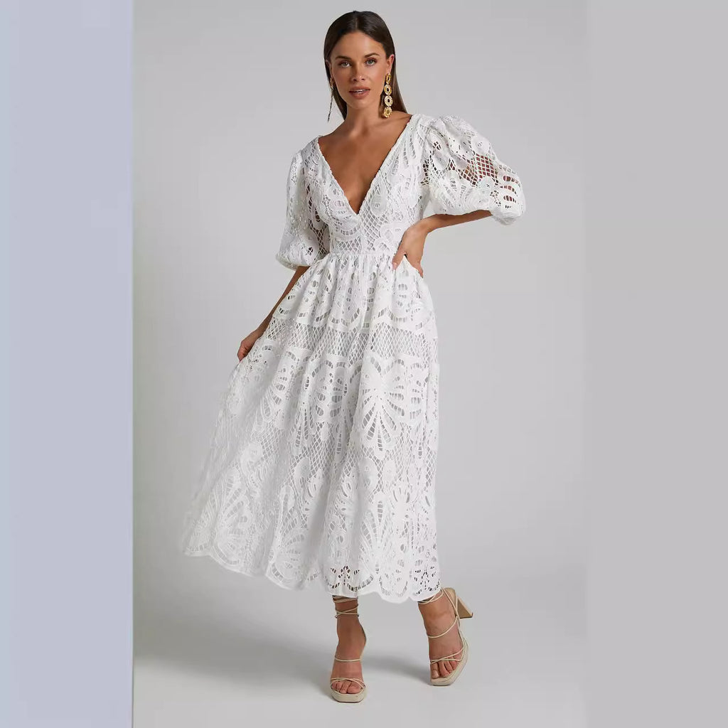 Women's Hollow Out V-neck Lace Embroidery Dress - ANIBEY