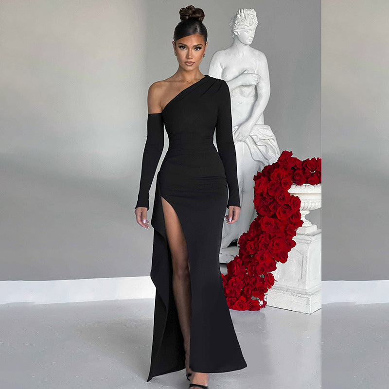 Women's Knitted One-shoulder Long Sleeve Split Dress - ANIBEY