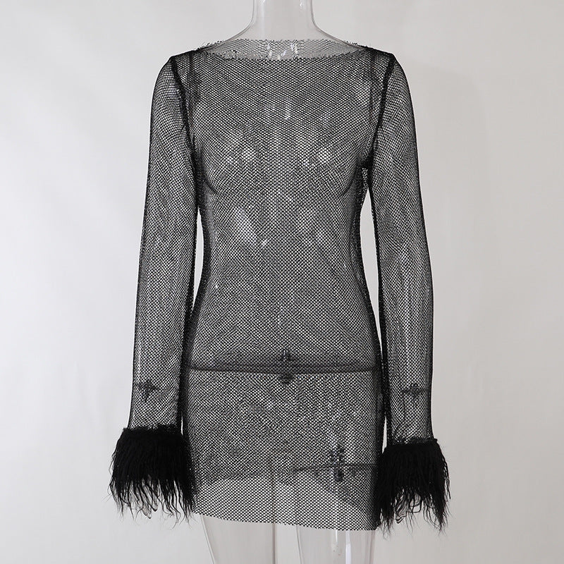 Women's Knitted Round Collar Gauze Long-sleeved Hip Skirt - ANIBEY