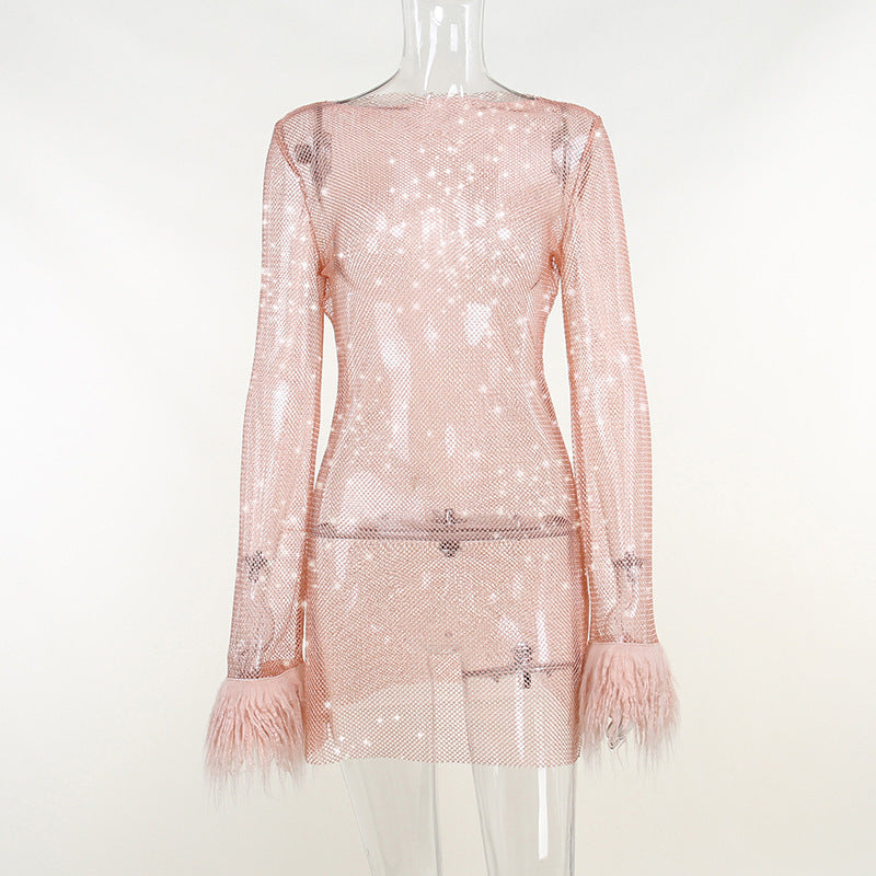 Women's Knitted Round Collar Gauze Long-sleeved Hip Skirt - ANIBEY
