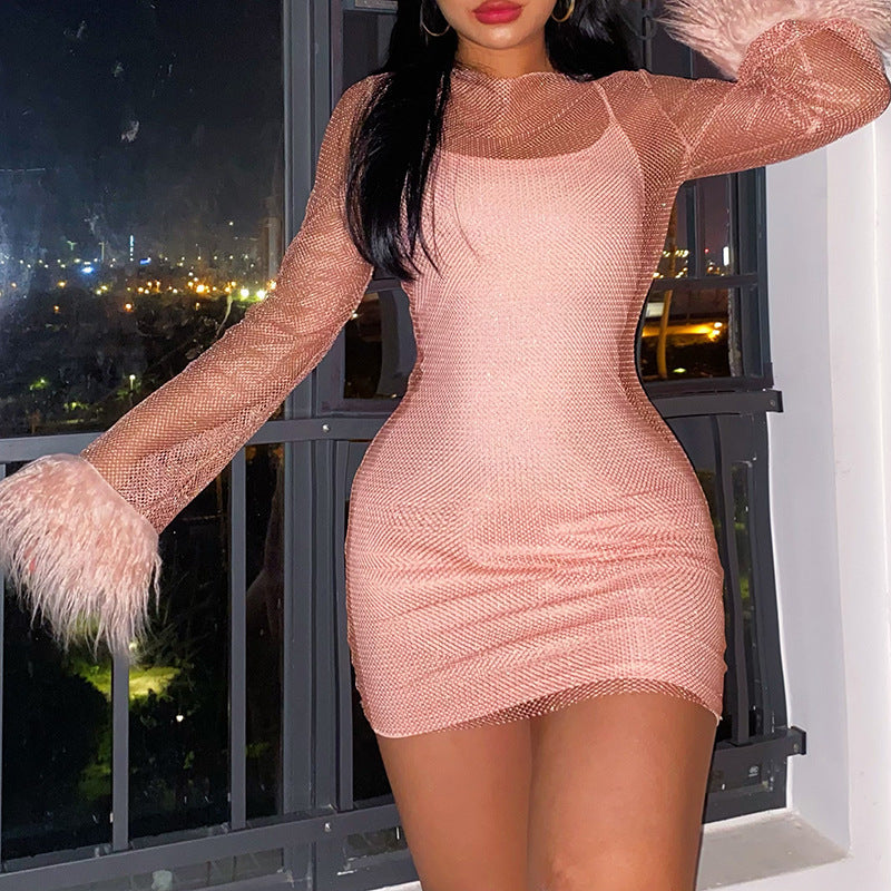 Women's Knitted Round Collar Gauze Long-sleeved Hip Skirt - ANIBEY