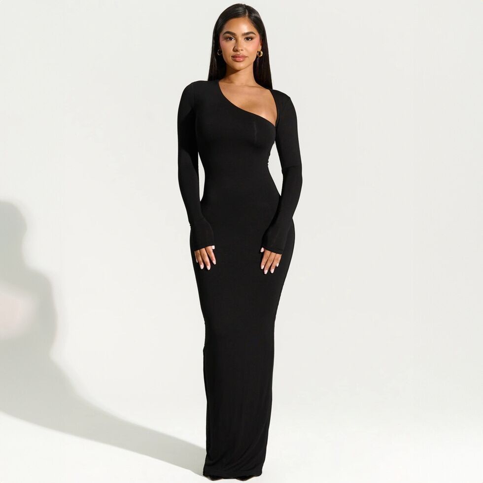 Women's Long Sleeve Diagonal Collar Slim Back Slit Dress - ANIBEY