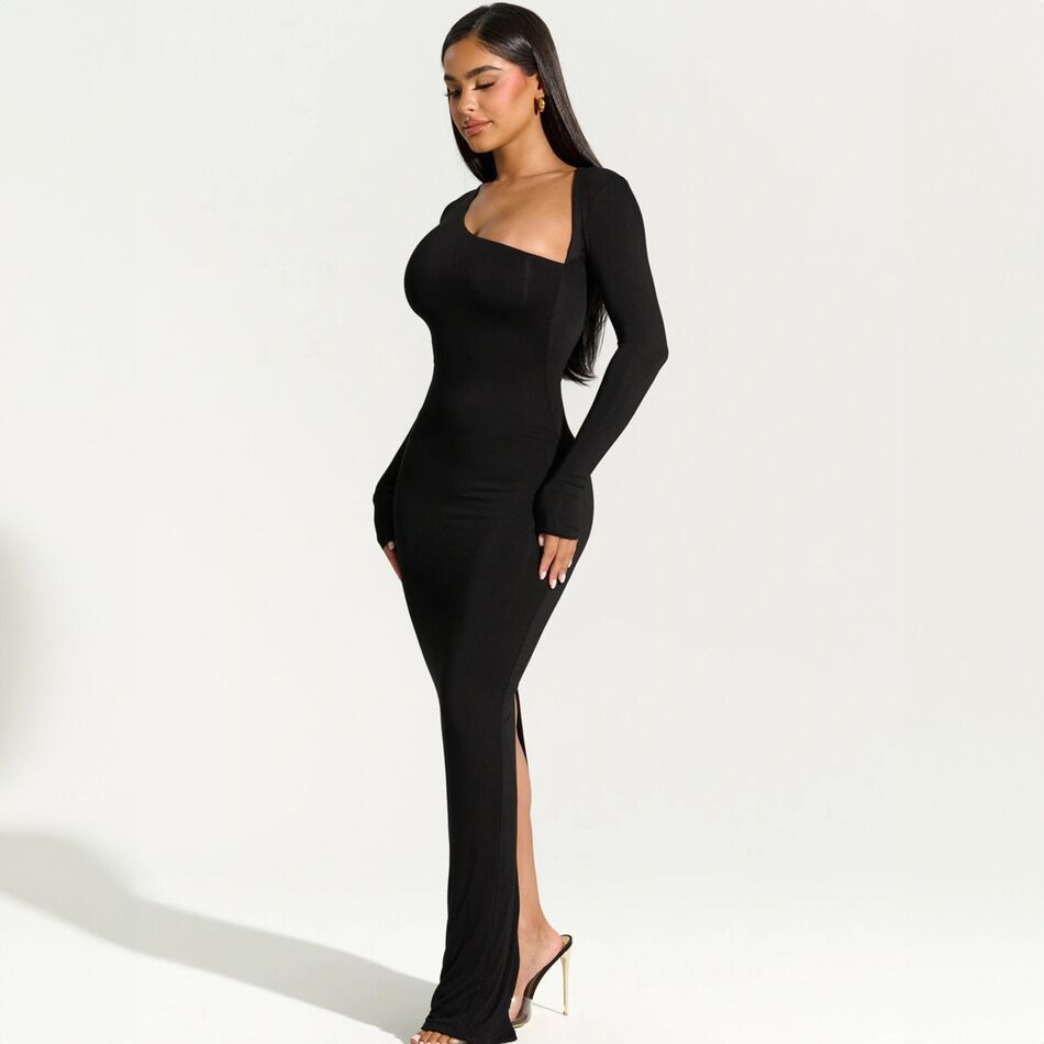 Women's Long Sleeve Diagonal Collar Slim Back Slit Dress - ANIBEY