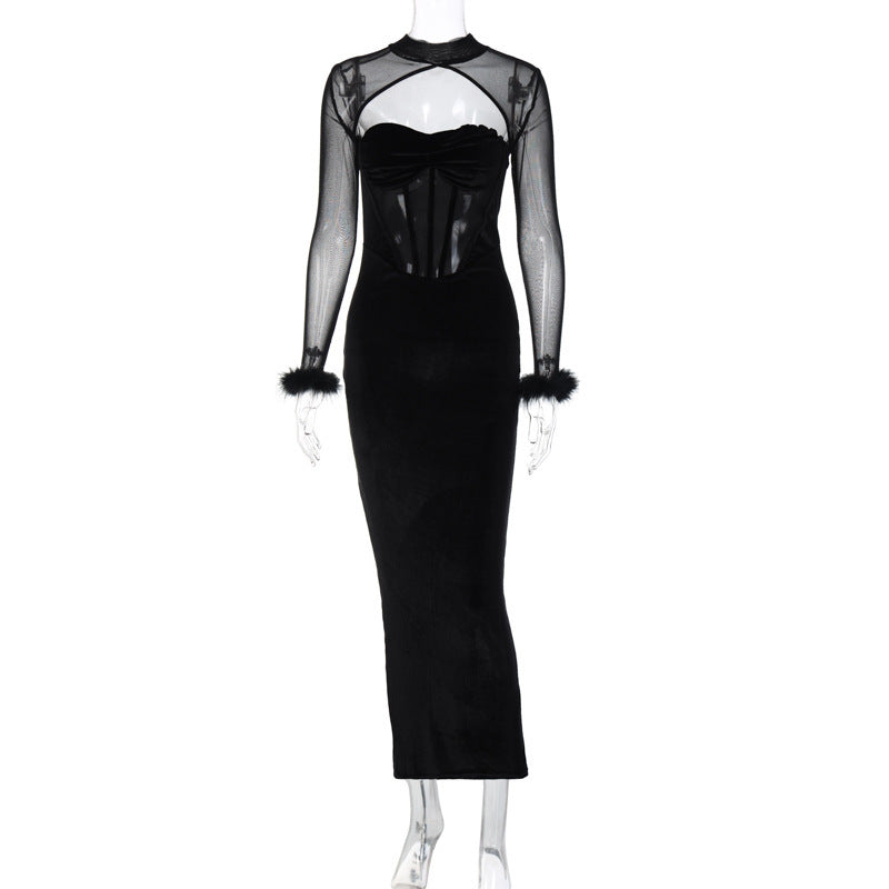 Women's Plush Mesh Stitching Sexy Hollow Dress - ANIBEY