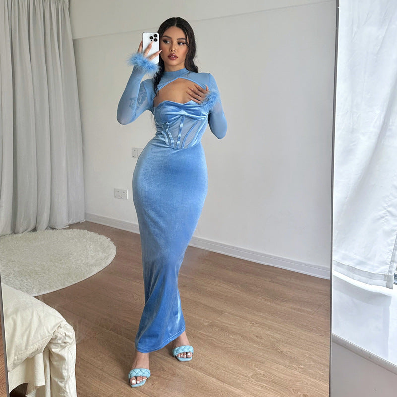 Women's Plush Mesh Stitching Sexy Hollow Dress - ANIBEY