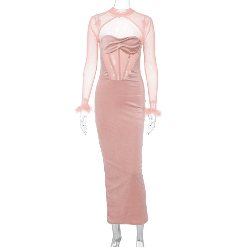 Women's Plush Mesh Stitching Sexy Hollow Dress - ANIBEY