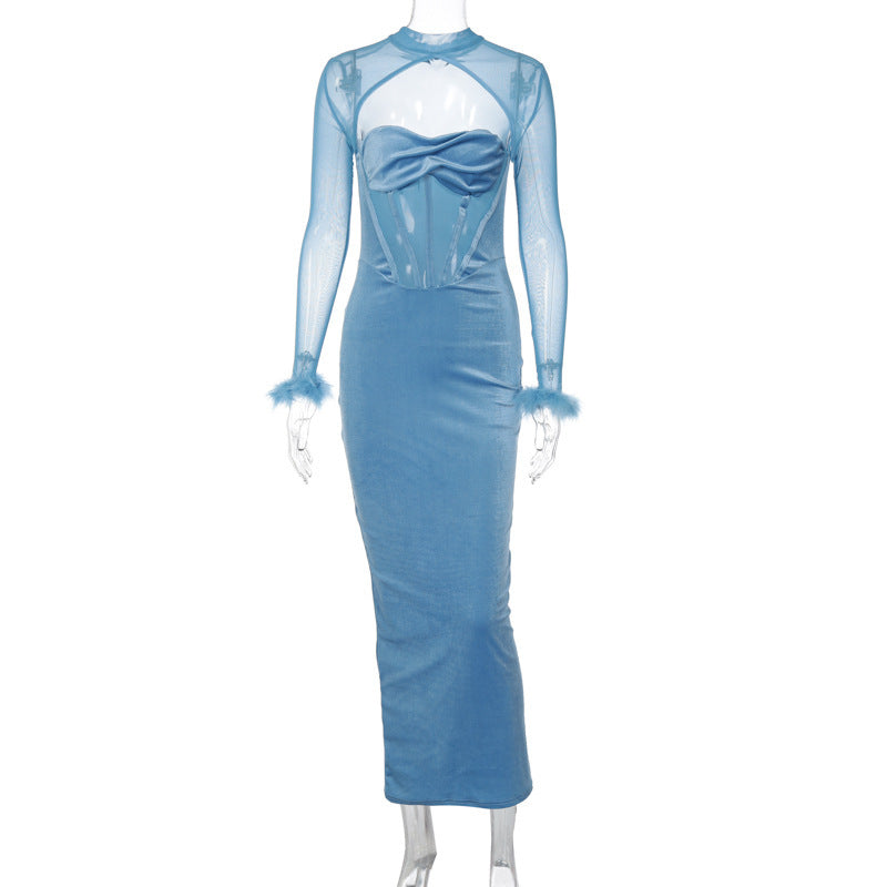 Women's Plush Mesh Stitching Sexy Hollow Dress - ANIBEY