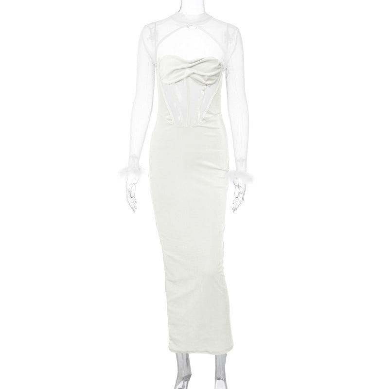 Women's Plush Mesh Stitching Sexy Hollow Dress - ANIBEY