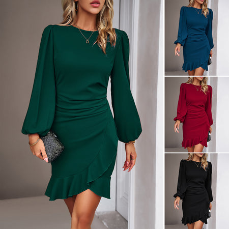 Women's Puff Long Sleeve Fashion Graceful Solid Color Slim Hip-covering Short Dress Womens Clothing - ANIBEY