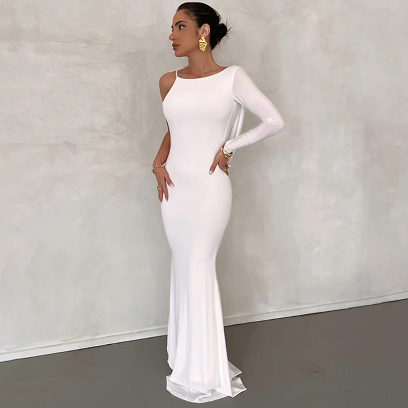 Women's Pure Color Tied One-shoulder Hollow-out Elegant Dress - ANIBEY