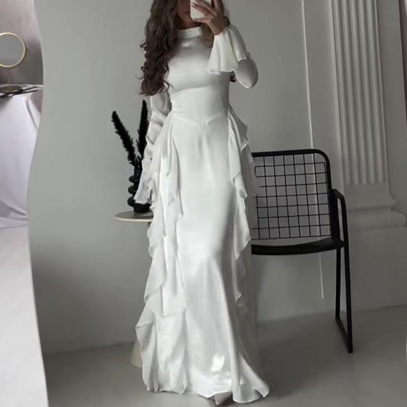 Women's Round-neck Flared Sleeves Temperament High Waist Slimming Patchwork Dress - ANIBEY