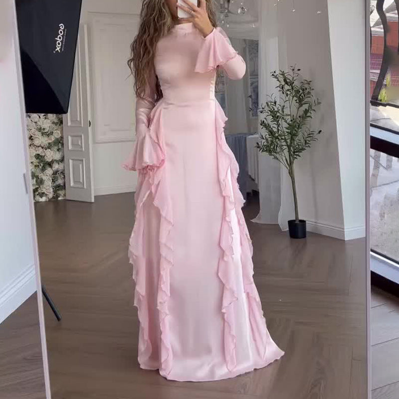 Women's Round-neck Flared Sleeves Temperament High Waist Slimming Patchwork Dress - ANIBEY