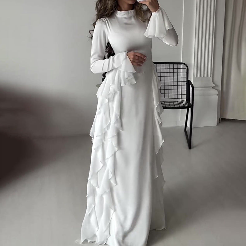 Women's Round-neck Flared Sleeves Temperament High Waist Slimming Patchwork Dress - ANIBEY