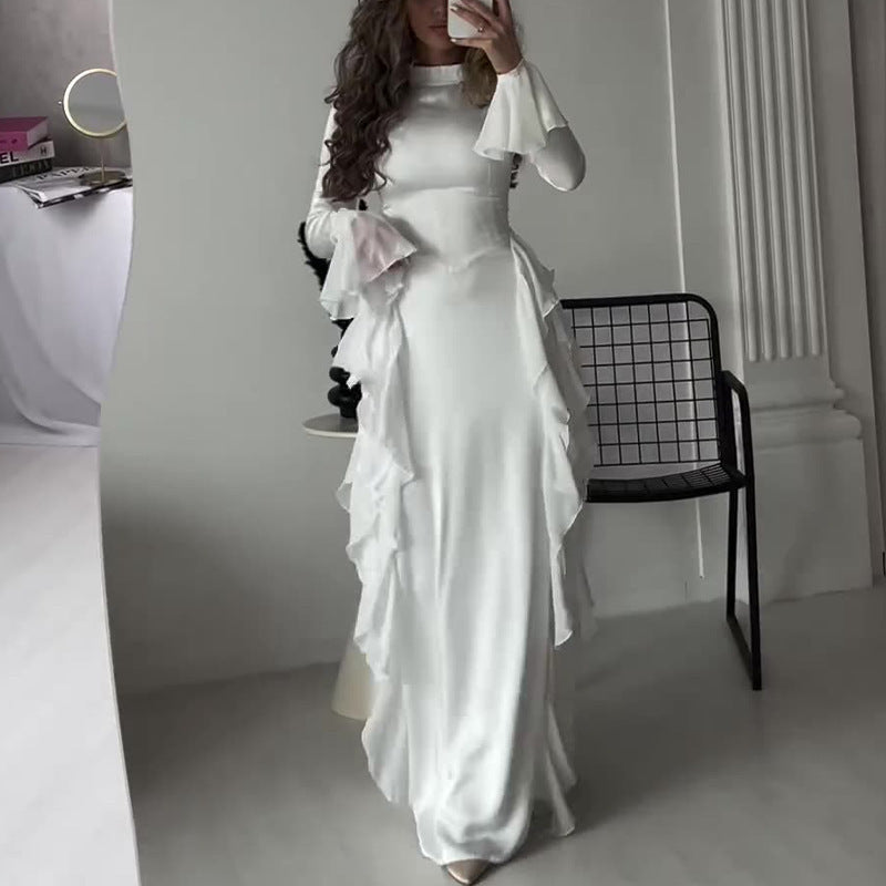Women's Round-neck Flared Sleeves Temperament High Waist Slimming Patchwork Dress - ANIBEY