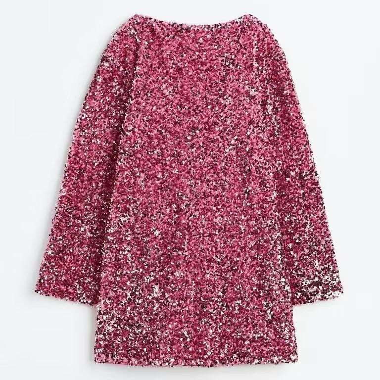 Women's Round Neck Long Sleeve Loose Sequins Short Spandex Dress - ANIBEY