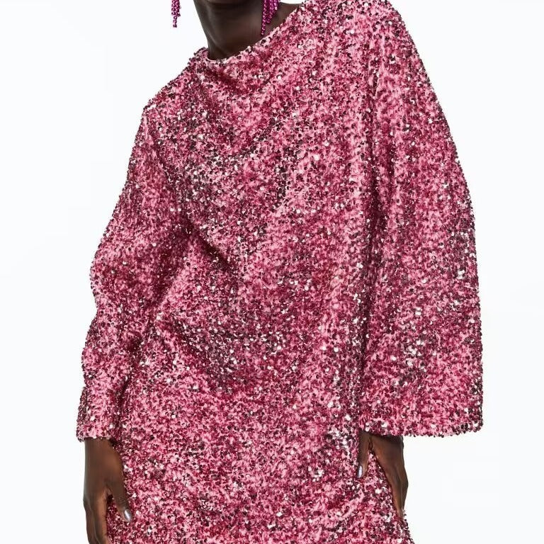 Women's Round Neck Long Sleeve Loose Sequins Short Spandex Dress - ANIBEY