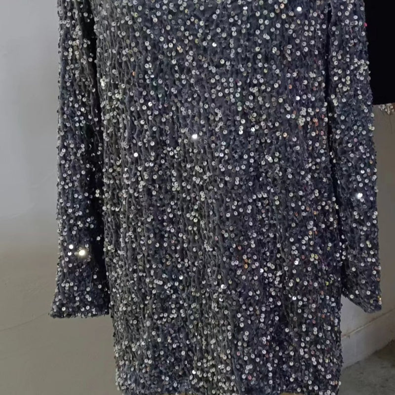 Women's Round Neck Long Sleeve Loose Sequins Short Spandex Dress - ANIBEY