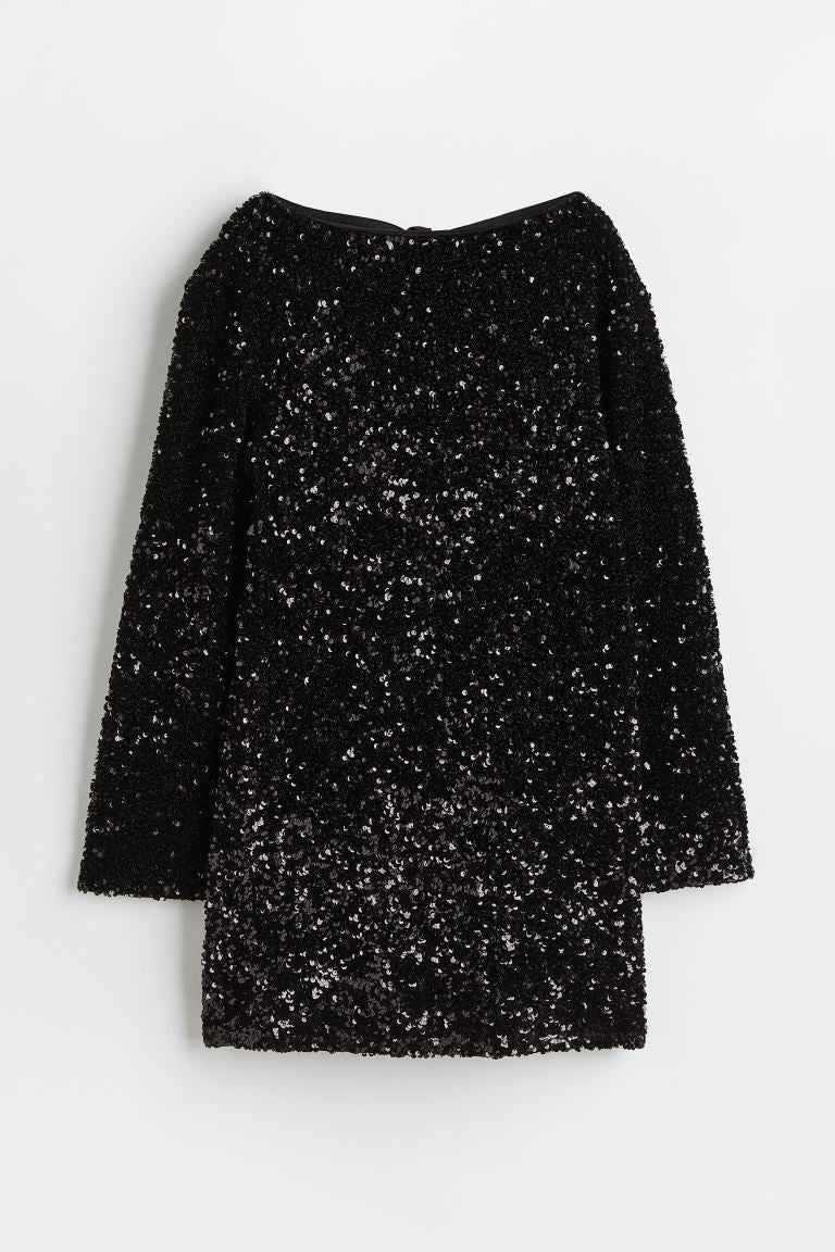 Women's Round Neck Long Sleeve Loose Sequins Short Spandex Dress - ANIBEY