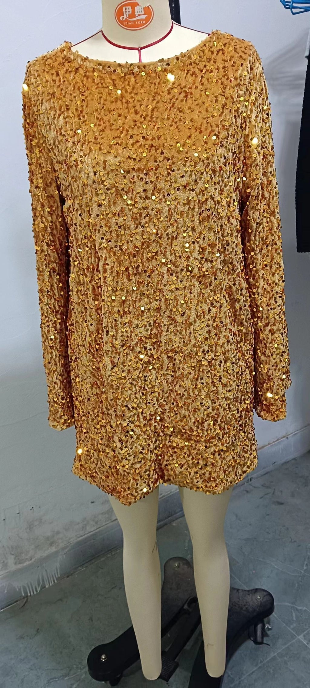 Women's Round Neck Long Sleeve Loose Sequins Short Spandex Dress - ANIBEY