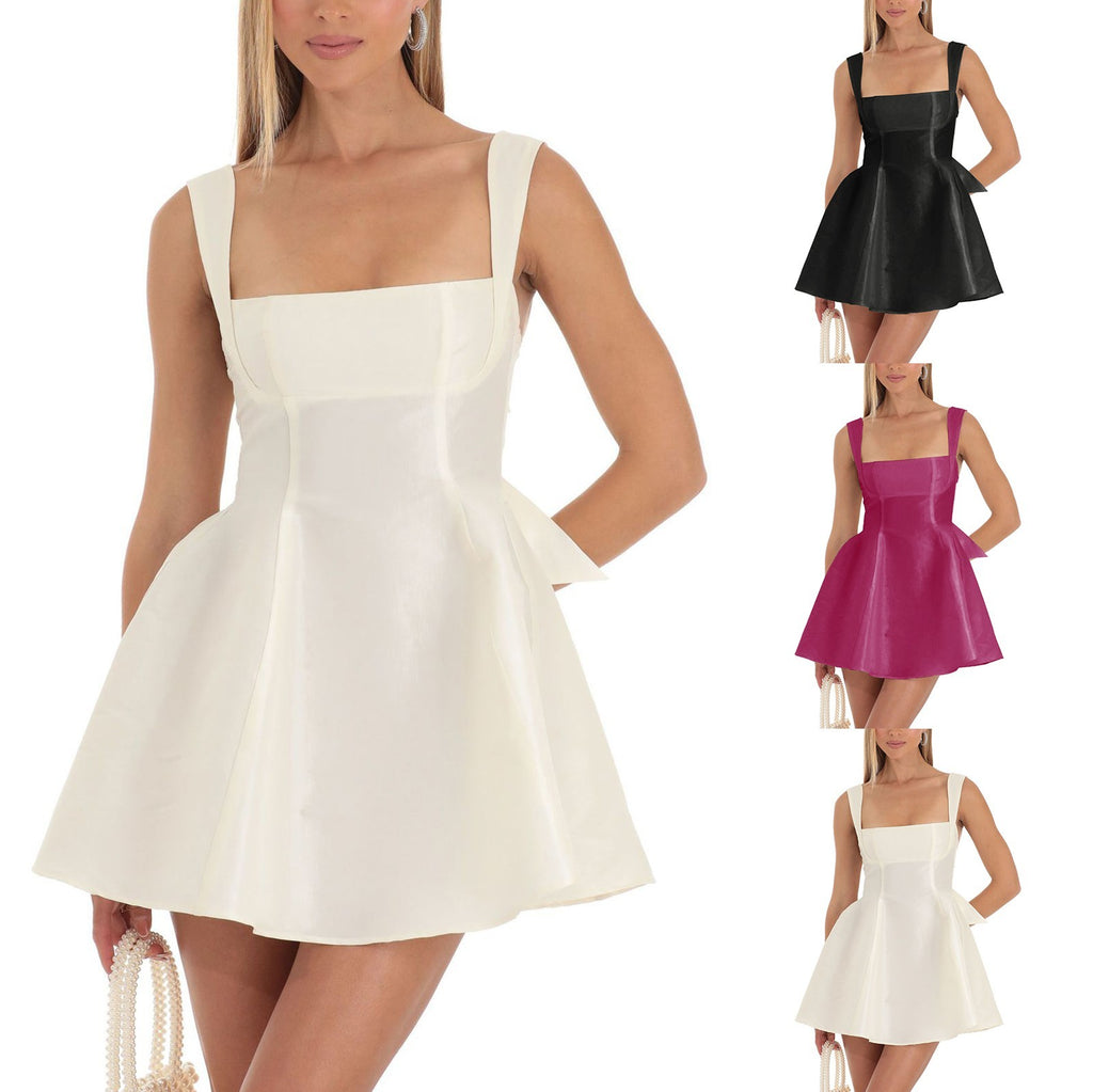 Women's Solid Color Bow Lace-up Dress - ANIBEY