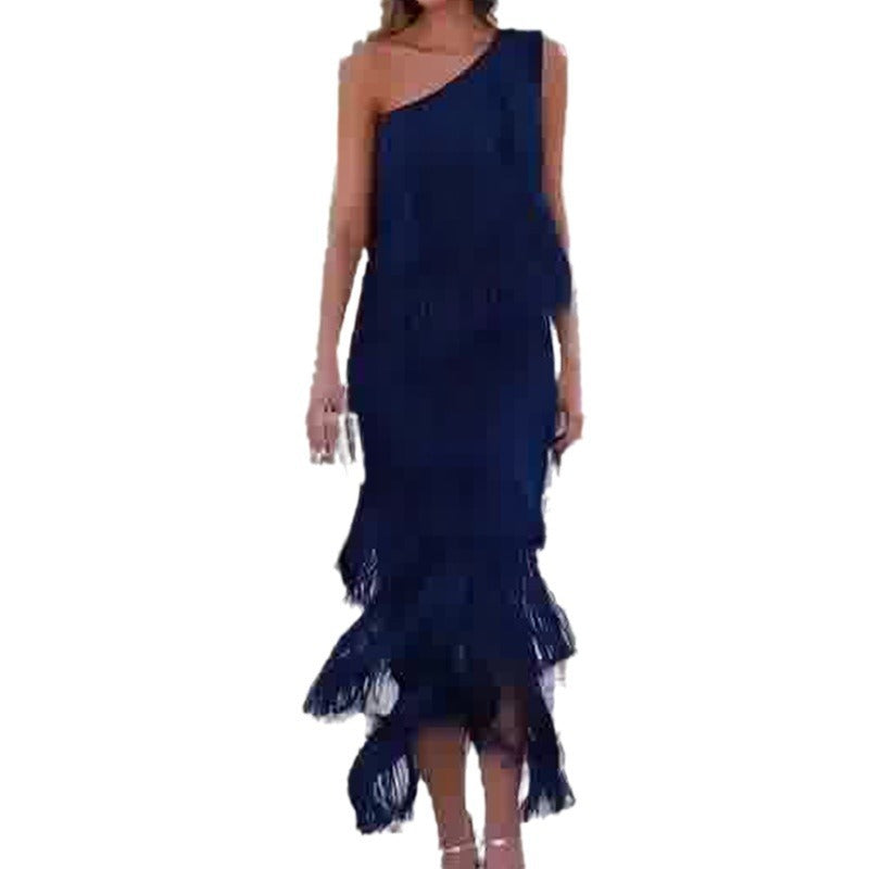 Women's Solid Color Diagonal Collar Multi-layer Tassel Stitching Design Dress - ANIBEY