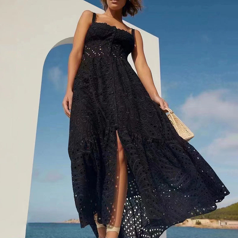 Women's Spaghetti-strap Ruffle Embroidered Hollow Lace Dress - ANIBEY