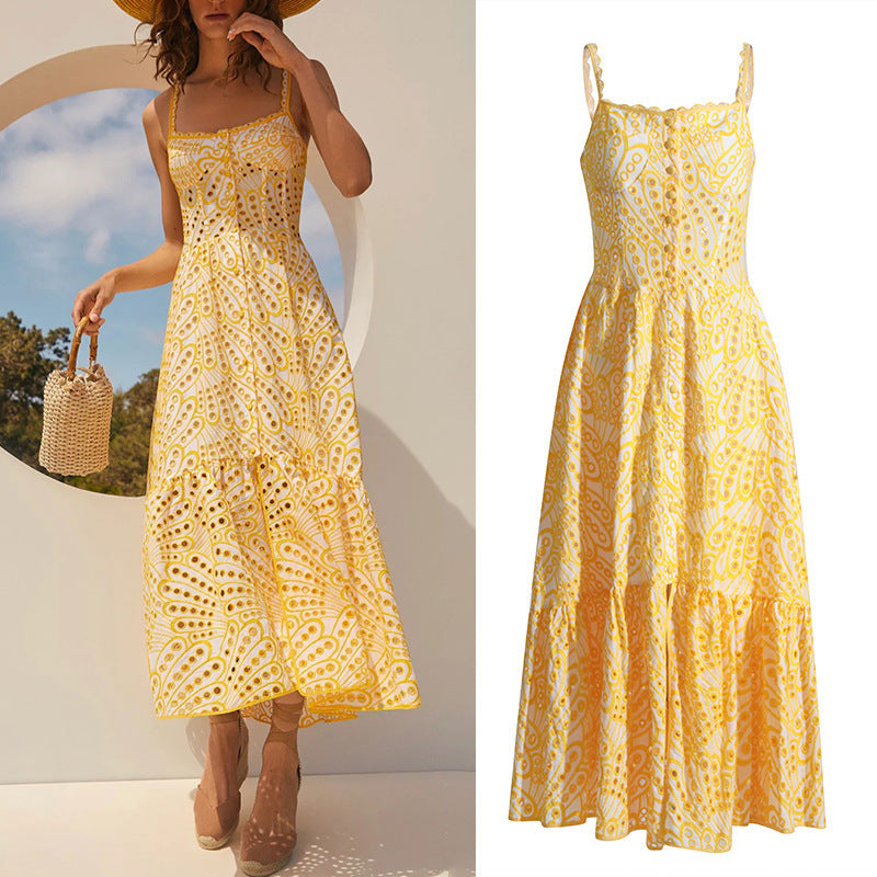 Women's Spaghetti-strap Ruffle Embroidered Hollow Lace Dress - ANIBEY