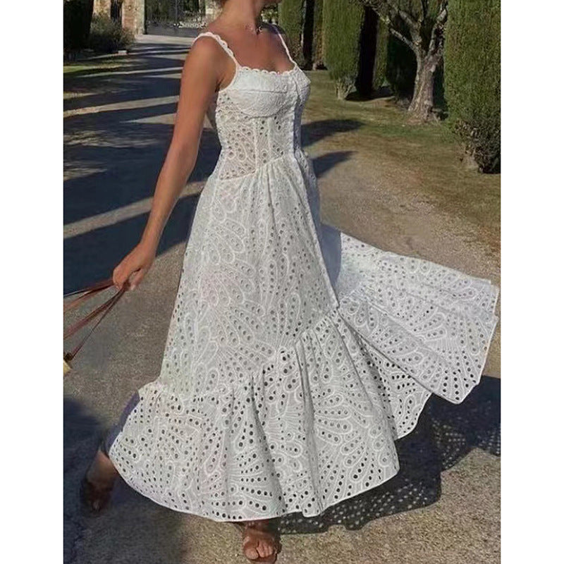 Women's Spaghetti-strap Ruffle Embroidered Hollow Lace Dress - ANIBEY
