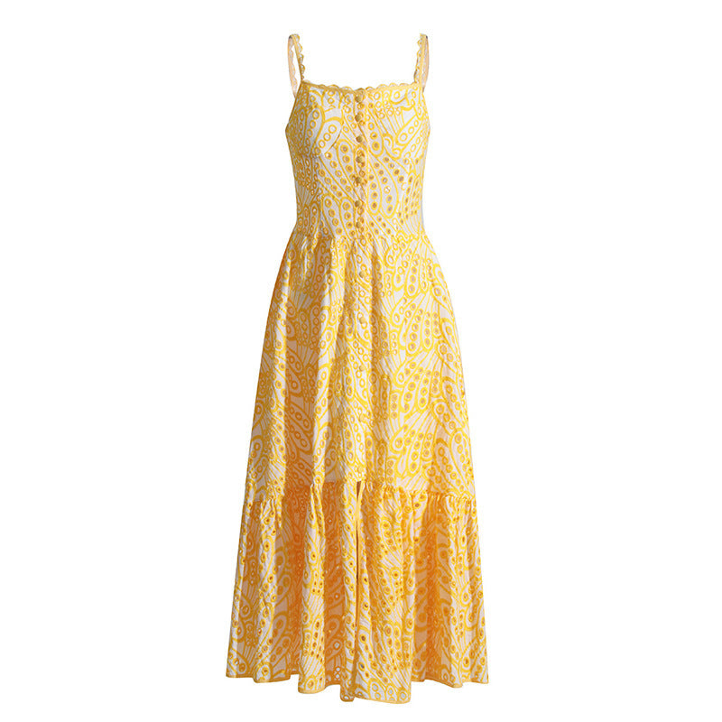 Women's Spaghetti-strap Ruffle Embroidered Hollow Lace Dress - ANIBEY