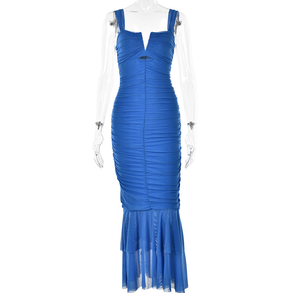 Women's Spaghetti Strapped Square Neck Fishtail Dress - ANIBEY