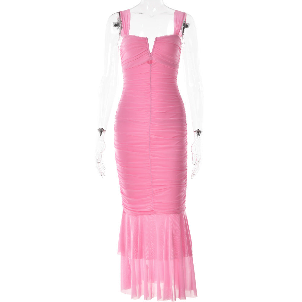 Women's Spaghetti Strapped Square Neck Fishtail Dress - ANIBEY
