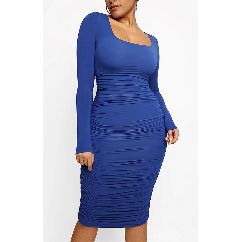 Women's Square Neck Sexy Shaping Pleated Buttock Dress - ANIBEY